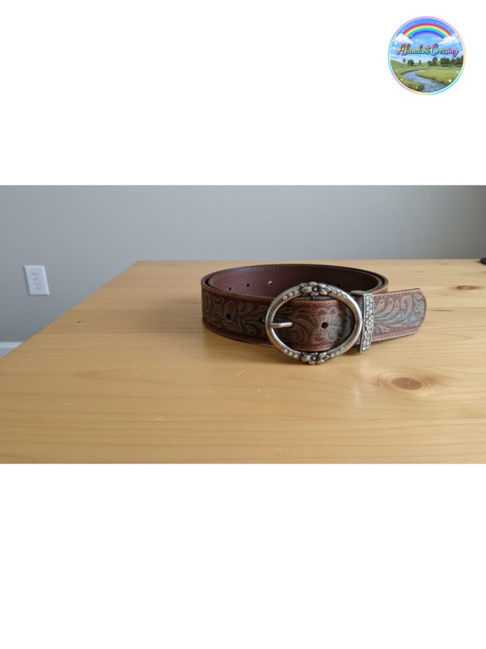 Full-Grain Leather Belt with Rhinestone Ring Buckle 1.5" Western